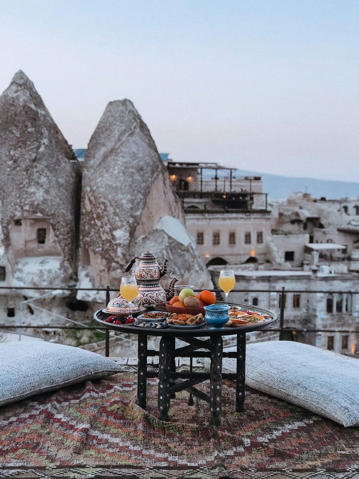 Turkish breakfast on a rooftop terrace above the fairy chimneys of Göreme